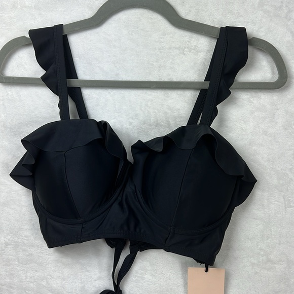 Unique Vintage Black Padded Southampton Ruffle Long Line Corset Swim Bikini Top - Picture 4 of 15